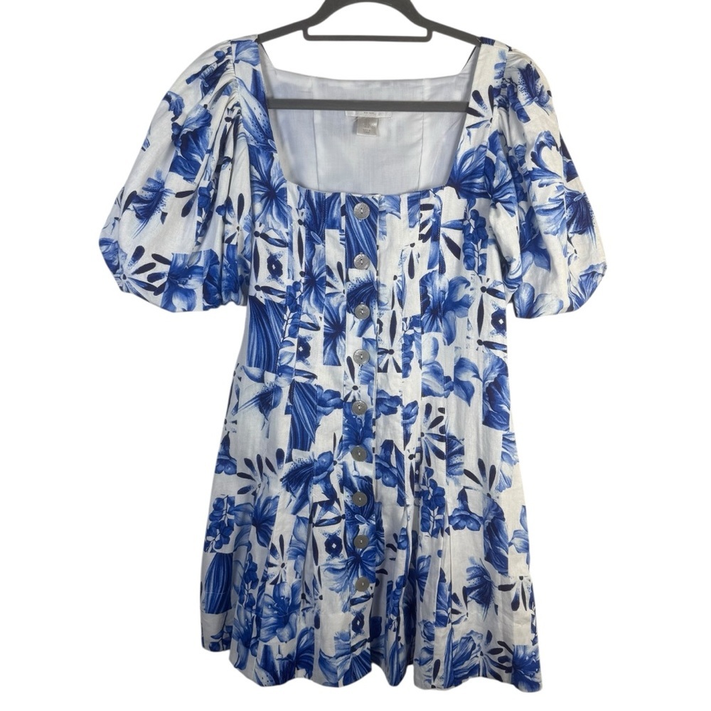 Caroline Constas Garden Tiles Linen Blend Puff Sleeve Mini‎ Dress US Size 2